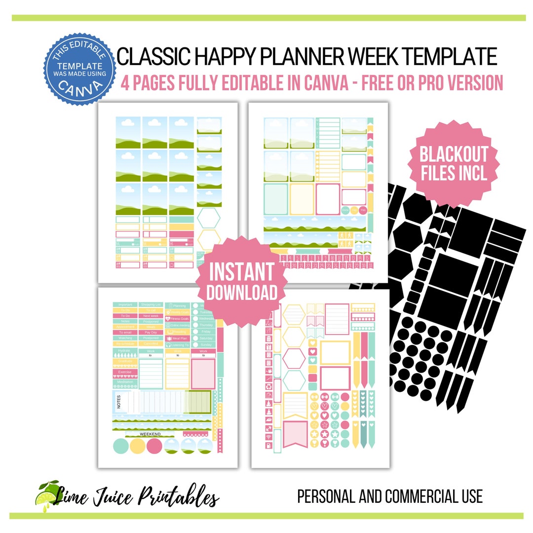 Editable canva planner sticker templates classic happy planner week