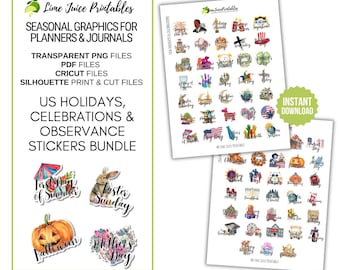 May include: A set of 68 printable stickers featuring illustrations of US holidays and celebrations. The stickers are designed for planners and journals. The illustrations include a variety of themes, such as Easter, Halloween, Mother's Day, and the first day of summer.