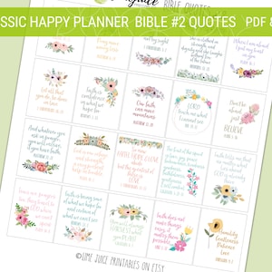 Puede incluir: Un conjunto de 16 tarjetas de citas b&iacute;blicas imprimibles con dise&ntilde;os florales. Las tarjetas est&aacute;n dise&ntilde;adas para usar en un Happy Planner. Las citas incluyen vers&iacute;culos como "Que todo lo que hagas, se haga con amor" y "La fe es la certeza de lo que se espera, la convicci&oacute;n de lo que no se ve."