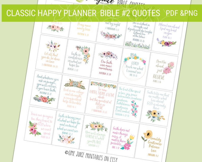 Puede incluir: Un conjunto de 16 tarjetas de citas b&iacute;blicas imprimibles con dise&ntilde;os florales. Las tarjetas est&aacute;n dise&ntilde;adas para usar en un Happy Planner. Las citas incluyen vers&iacute;culos como "Que todo lo que hagas, se haga con amor" y "La fe es la certeza de lo que se espera, la convicci&oacute;n de lo que no se ve."