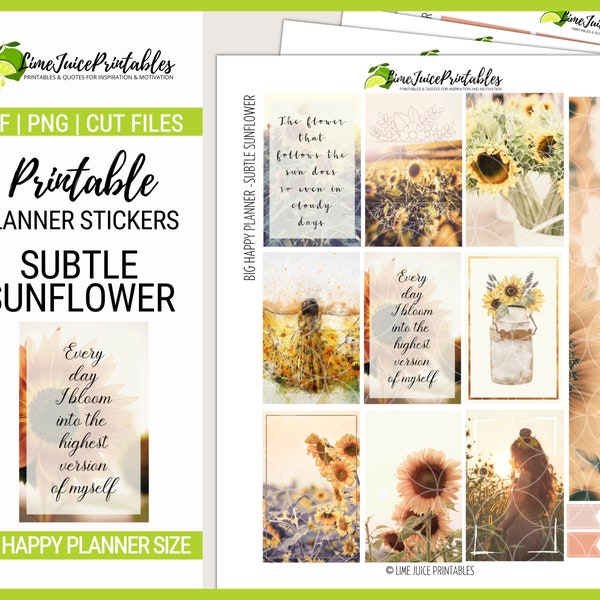 SUBTLE SUNFLOWERS Planner Stickers Kit, Printable Big Happy Planner Stickers, Happy Planner Weekly Kit, Print & Cut Files, Floral