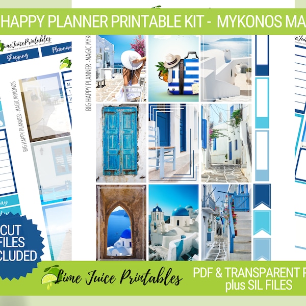 Big Happy Planner MYKONOS MAGIC Printable Stickers, Week Kit, Spring Stickers, Floral Kit Transparent PNG & Silhouette Studio files included