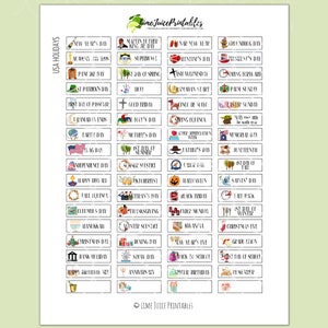Op de afbeelding: Een bedrukbaar vel met stickers met verschillende Amerikaanse feestdagen en data. De stickers zijn kleurrijk en bevatten illustraties van feestdagsymbolen, zoals een vlag voor Vlagdag, een pompoen voor Halloween en een kerstboom voor Kerstmis.