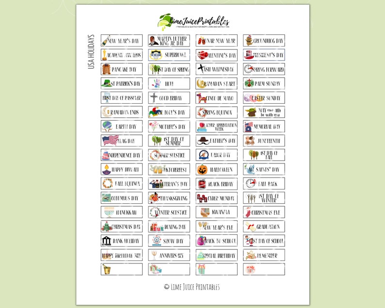 Op de afbeelding: Een bedrukbaar vel met stickers met verschillende Amerikaanse feestdagen en data. De stickers zijn kleurrijk en bevatten illustraties van feestdagsymbolen, zoals een vlag voor Vlagdag, een pompoen voor Halloween en een kerstboom voor Kerstmis.
