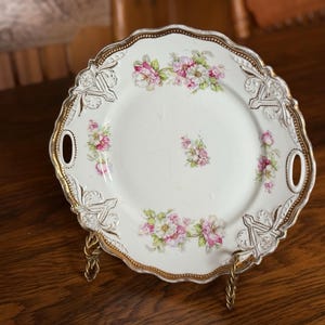 Vintage Floral Porcelain Cake Plate – Pink Roses with Gold Gilding – Handled 10&quot; Decorative Plate – Scalloped Edge – Early 1900s