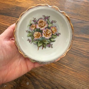 Vintage 4.5&quot; Rose Porcelain Butter Pat Plate with Gold Trim – Small Trinket Dish