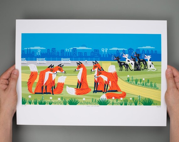 Foxes and Hounds - Nature / Wildlife - Childrens Art - Animal Art - Kids Art - Limited Edition Art Poster Print by Oliver Lake