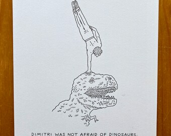 Dimitri And The Dinosaur, original drawing, hand drawn art, surreal, comedy, by Oliver Lake 1 of 5