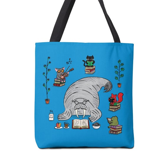 Quiet Time - Walrus Tote Bag - Book Bag - Record bag - 13" x 13" - 16" x 16" - 18" x 18"