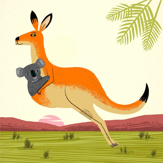 The Kangaroo and the Koala, Children's illustration, Animal Art, Wildlife,  Nature,  Nursery decor, Print by Oliver Lake