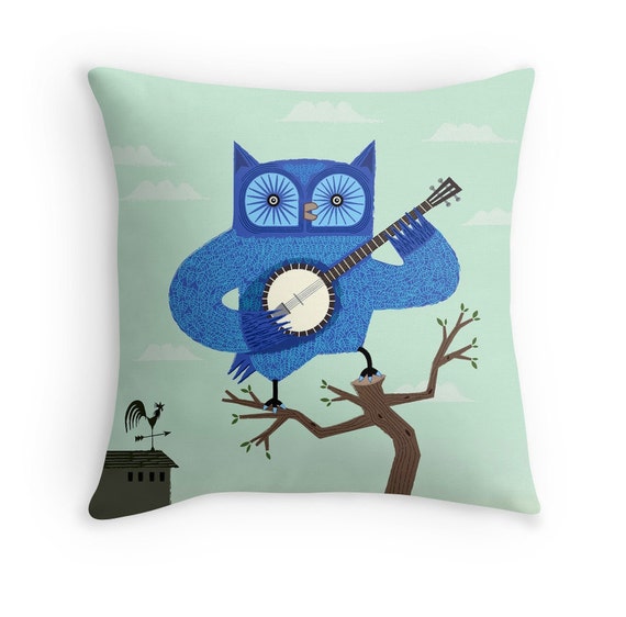 The Banjowl -  Light Green / Blue - Throw Pillow / Cushion Cover (16" x 16") iOTA iLLUSTRATION