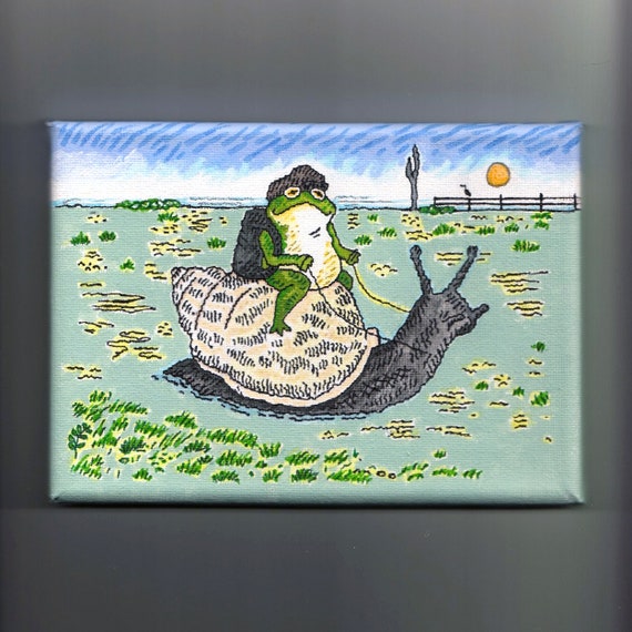 The Snail and The Frog, original mixed media artwork, painting, drawing, on stretched canvas size 5" x 7" by Oliver Lake