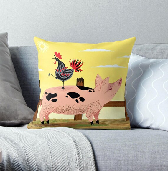 The Pig and The Rooster - Children's Cushion Cover / Throw Pillow Cover - Animal art - (16" x 16") by Oliver Lake - iOTA iLLUSTRATiON