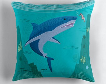 The Shark and The Seahorse - Throw Pillow / Cushion Cover (16" x 16") by Oliver Lake