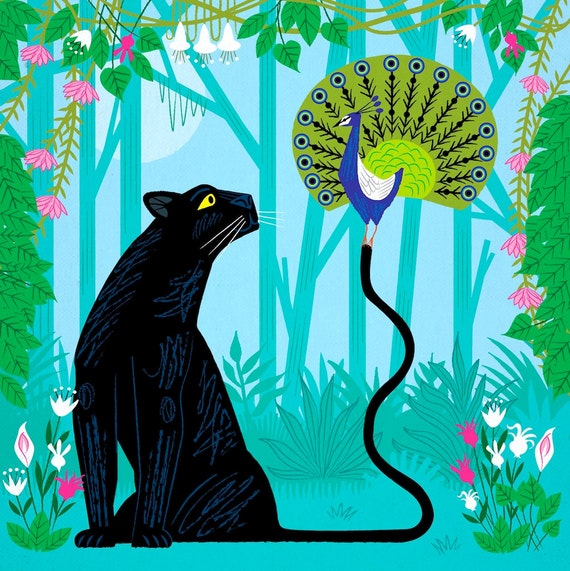 The Peacock and The Panther - nature wildlife - animal poster print - children's room decor - by Oliver Lake