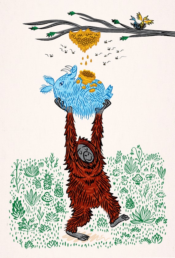 Wild Honey, Orangutan and Warthog, children's animal art, room decor, illustration, art print by Oliver Lake