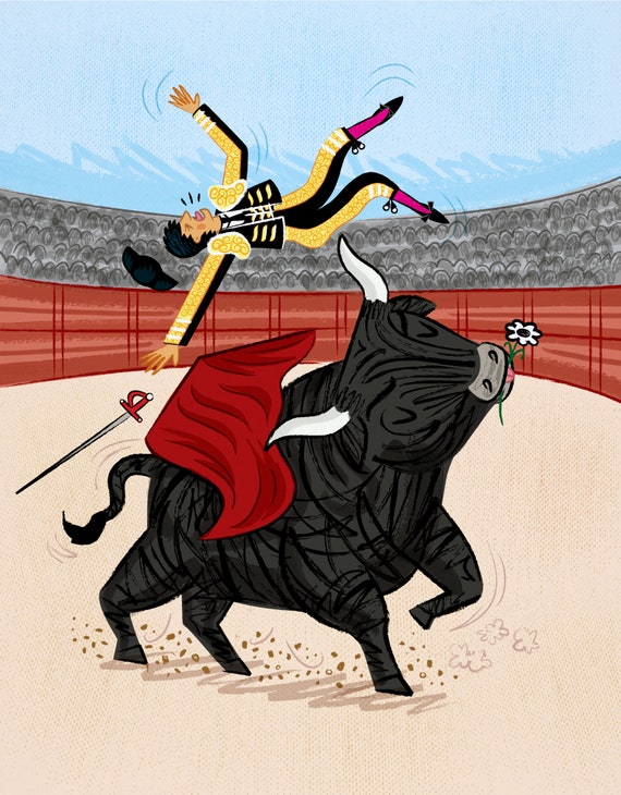 Death Of A Matador - ban bull fighting - art poster print by Oliver Lake - iOTA iLLUSTRATiON