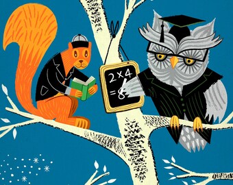 Woodland Arithmetic - Children's Animal Art - Owl and Squirrel Print by Oliver Lake - iOTA iLLUSTRATION