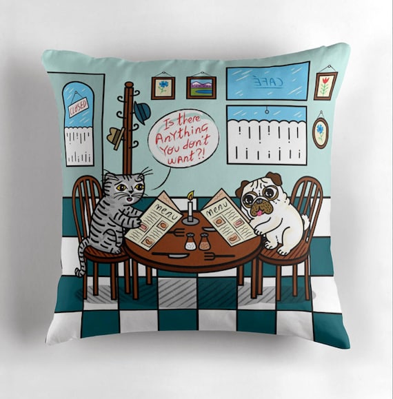 Is There Anything You Don't Want? - Pug and Cat - Children's Decor - Animal Cushion cover / Throw Pillow cover - (16" x 16") by Oliver Lake