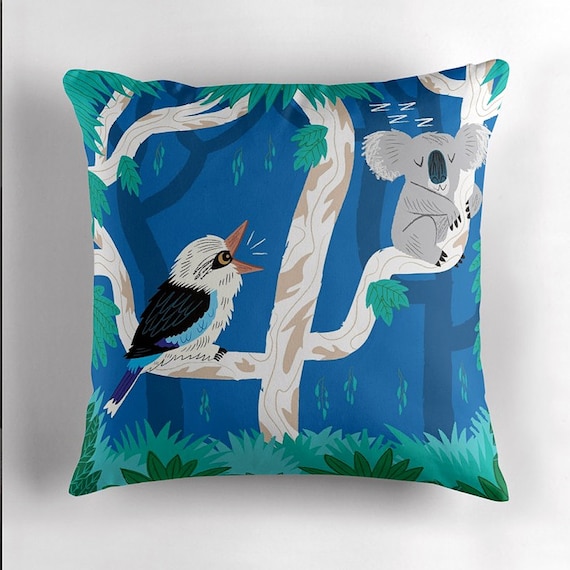 The Koala and the Kookaburra - Children's - Dark Blue - Throw Pillow / Cushion Cover by Oliver Lake - iOTA iLLUSTRATION