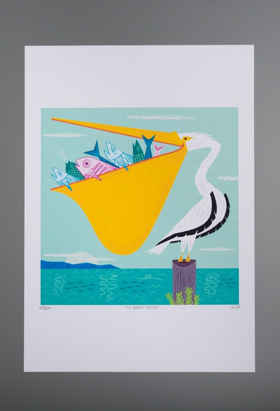 The Greedy Pelican -  Childrens decor - limited edition - animal art poster print - iOTA iLLUSTRATiON