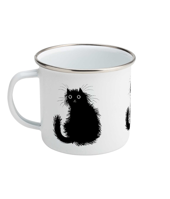 Moggy (No.1), Black cat, Enamel Camping Mug, Kitten Design, Illustrated Mug by Oliver Lake