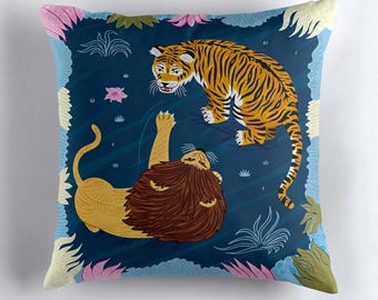 Rumble In The Jungle - Lion / Tiger - throw pillow cover / cushion cover by Oliver Lake