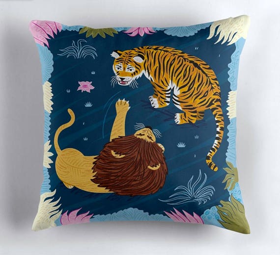 Rumble In The Jungle - Lion / Tiger - throw pillow cover / cushion cover by Oliver Lake