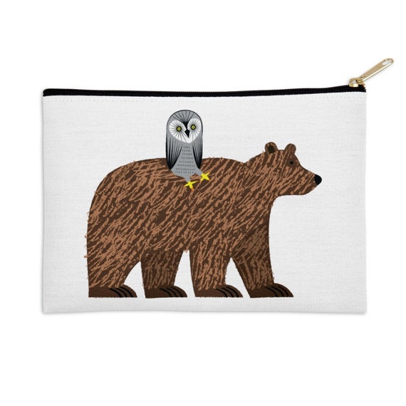 The Owl and The Bear - pencil case - make up bag - zip pouch - 8.5" x 6" / 12.5" x 8.5"