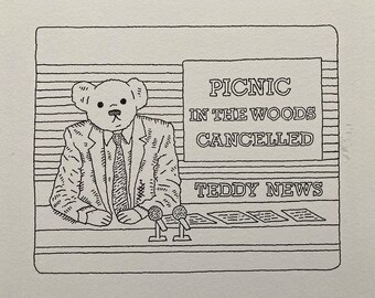 Teddy News, original drawing, hand drawn, Teddy Bear art, Funny illustration, by Oliver Lake 1 of 5