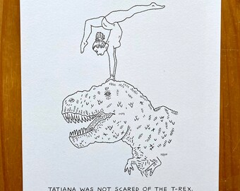 Tatiana And The T-Rex, Original Drawing, hand drawn art, Gymnastic, Dinosaur art, by Oliver Lake 1 of 5, Limited Edition