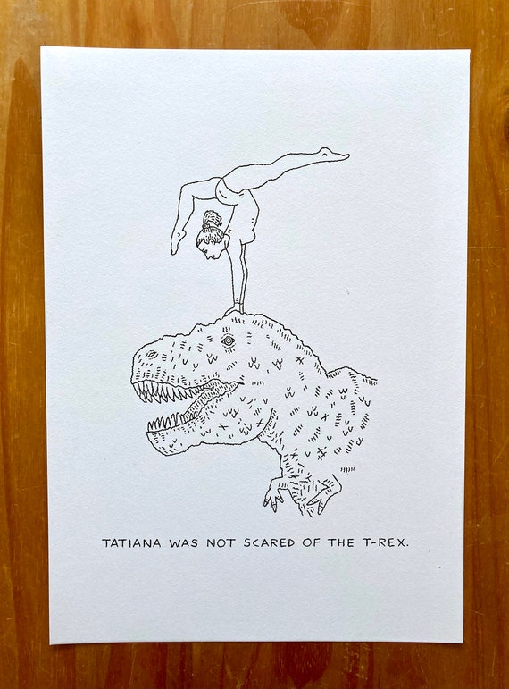 Tatiana And The T-Rex, Original Drawing, hand drawn art, Gymnastic, Dinosaur art, by Oliver Lake 1 of 5, Limited Edition