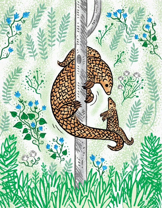 Pangolin Parenting, nature, wildlife, animal art print by Oliver Lake