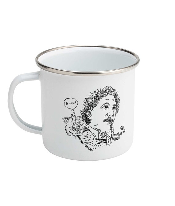 Einstein's Cat - Enamel Camping Mug - Portrait Design - Illustrated Mug by Oliver Lake