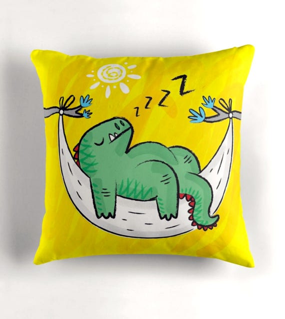 Dinosnore - Childrens - Yellow Throw Pillow / Cushion Cover (16" x 16") by Oliver Lake