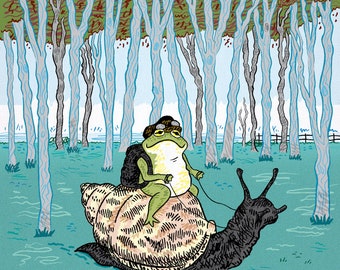 The Snail and The Frog - animal art print by Oliver Lake