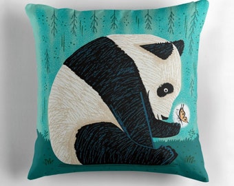 The Panda and The Butterfly - turquoise - animal design - throw pillow  / cushion including insert by Oliver Lake / iOTA iLLUSTRATION