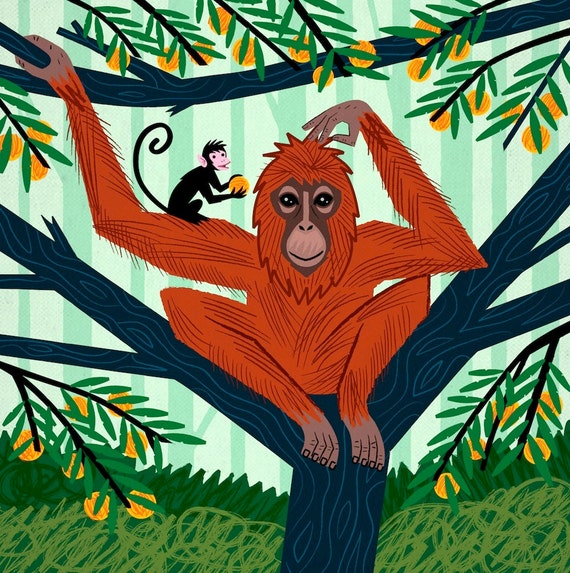 The Orangutan in The Orange Trees, Children's Animal Art, Nursery art, Nursery Decor,  limited edition poster art print by Oliver Lake