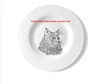 Shakespearean Cats (No.1), cat plate, decorative wall plate, handmade, black and white plate, by Oliver Lake