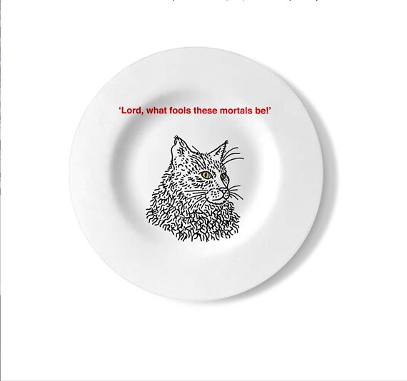 Shakespearean Cats (No.1), cat plate, decorative wall plate, handmade, black and white plate, by Oliver Lake