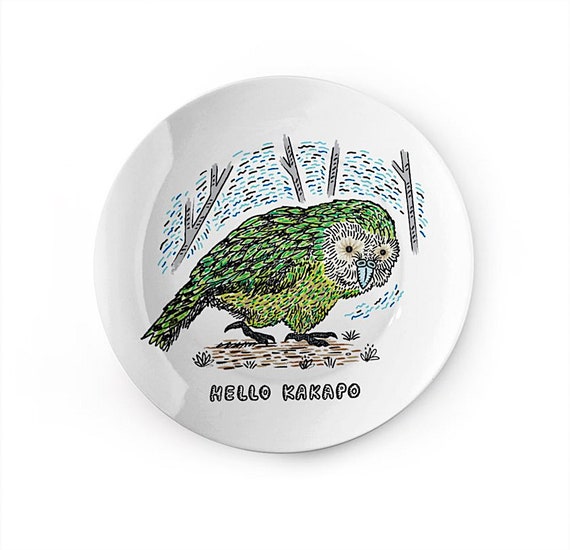 Hello Kakapo, china plate, animal design, wildlife design by Oliver Lake