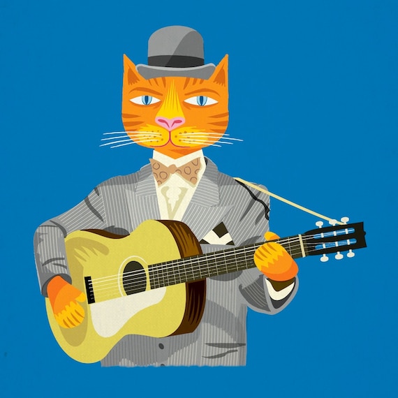Tibbles Plays Acoustic - Humorous Cat / Guitar - Dark Blue - Limited Edition - Animal Art Print by Oliver Lake - iOTA iLLUSTRATION