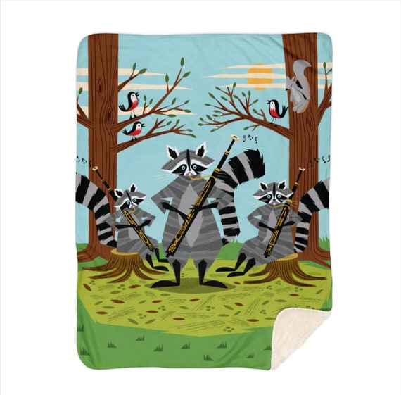 Raccoons Playing Bassoons - children's sherpa blanket - nursery decor - 50"x 60" and 60" x 80"  by Oliver Lake iOTA iLLUSTRATiON