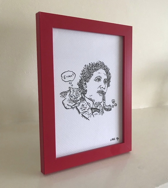 Einstein's Cat, portrait, original Drawing, funny portrait, framed drawing, red frame, 1 of 10 by Oliver Lake, Christmas Gift