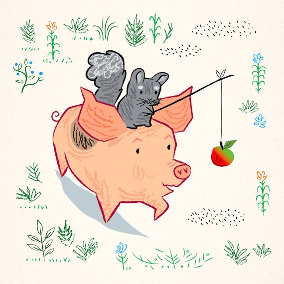 Pig and chinchilla - Meadow March - children's animal art poster print by Oliver Lake - iOTA iLLUSTRATiON