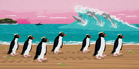 Penguins and Dolphins - Nature / Wildlife - Children's room decor - Animal Art - Limited Edition Art Poster Print by Oliver Lake