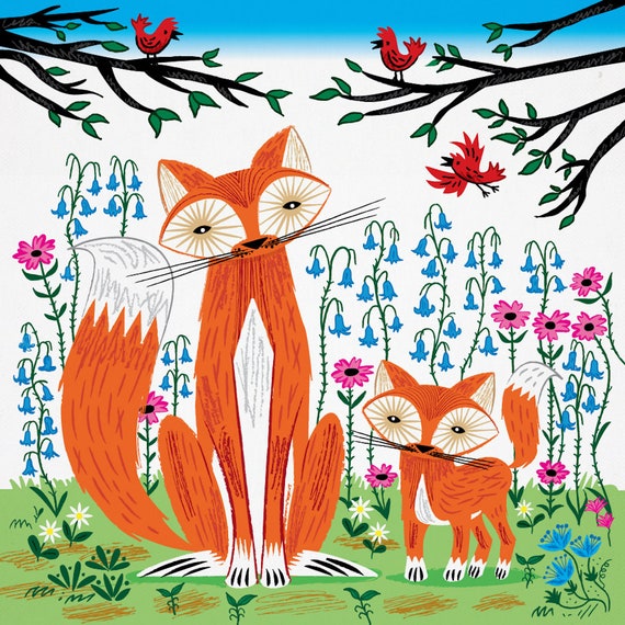 Two Fine Foxes (Spring version), fox animal art print by Oliver Lake