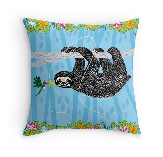 The Sloth and The Hummingbird - illustrated Pillow Cover / Throw Cushion Cover - Children's room - Home Decor - (16" x 16") by Oliver Lake