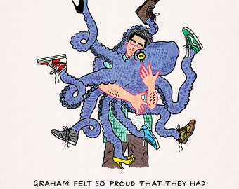 Octopus Shoes - absurd art, funny comic art - single panel comics - surreal weird - Limited Edition Art Print by Oliver Lake