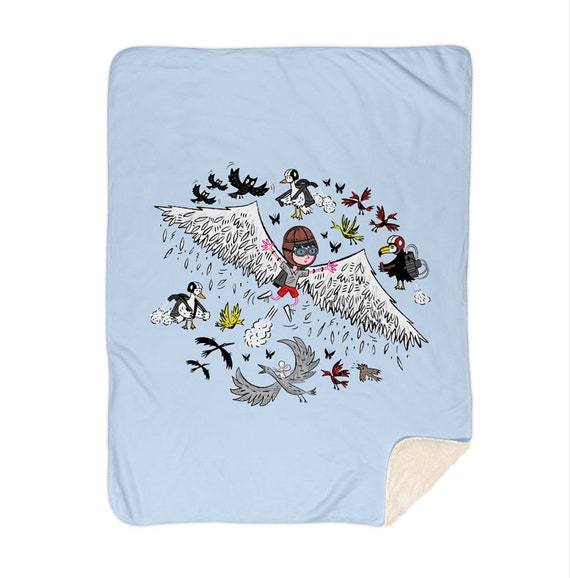 Learning to Fly - baby blue - children's sherpa blanket - playroom - nursery decor - 60" x 80" by Oliver Lake iOTA iLLUSTRATiON